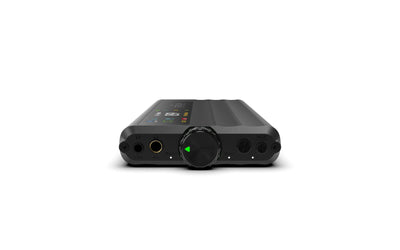 iFi iDSD GR 2 MT front edge with the volume knob between the 3.5 mm and 4.4 mm headphone outputs