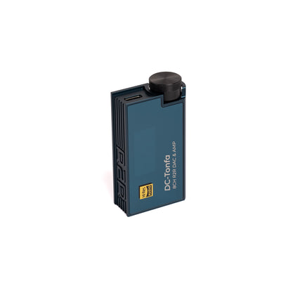 iBasso DC-Tonfa from the front at an angle, blue body with ribbed side, DC-Tonfa lettering and Hi-Res badge