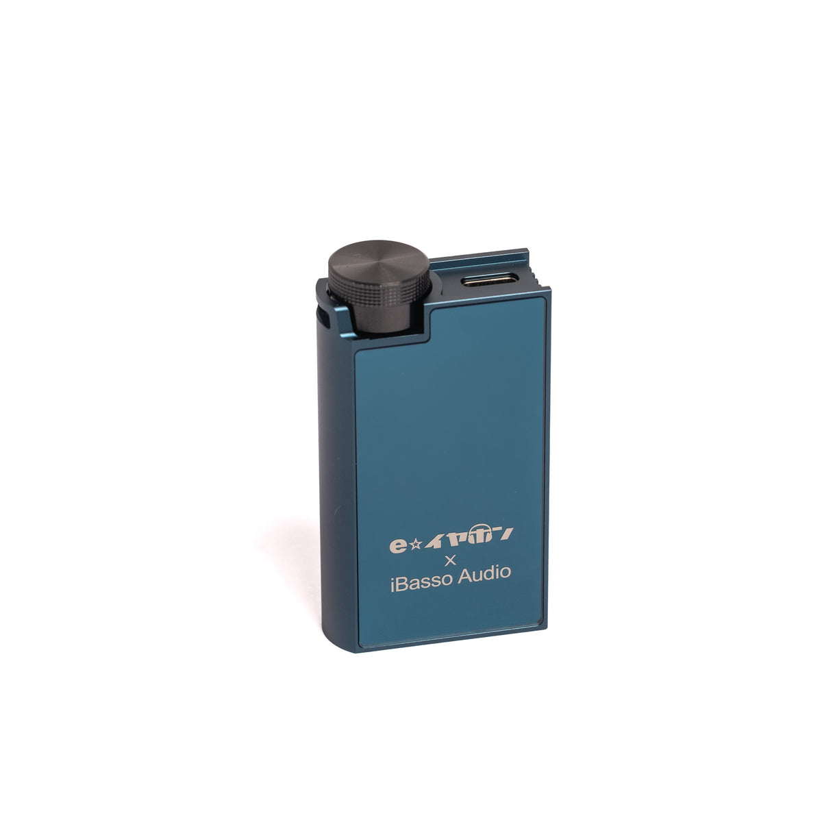 iBasso DC-Tonfa from the back, blue aluminium body with the e-earphone x iBasso Audio logo and black knob
