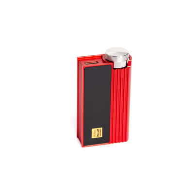 iBasso Nunchaku from the side, red ribbed aluminium body with Hi-Res badge and silver knob