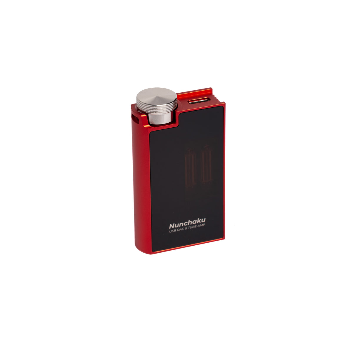 iBasso Nunchaku from the back, red aluminium body with a dark glass window over the two tubes and a silver knob