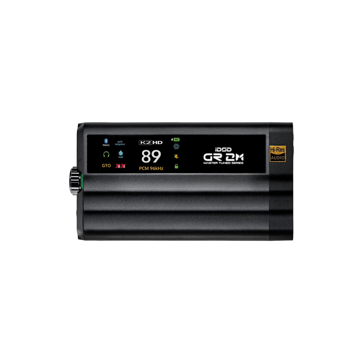 iFi iDSD GR 2 MT from the top, black ribbed body with the colour touchscreen showing volume 89 and PCM 96 kHz