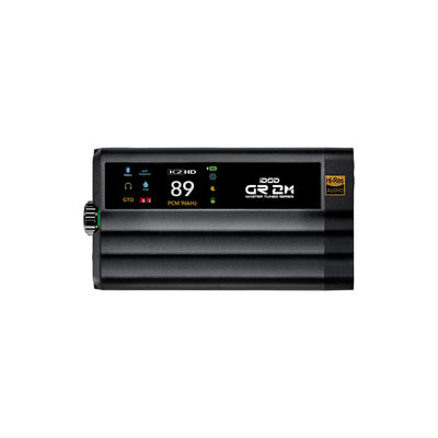 iFi iDSD GR 2 MT from the top, black ribbed body with the colour touchscreen showing volume 89 and PCM 96 kHz