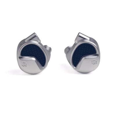 Letshuoer Astralis in-ear monitors, silver metal shells with dark blue faceplates, front view