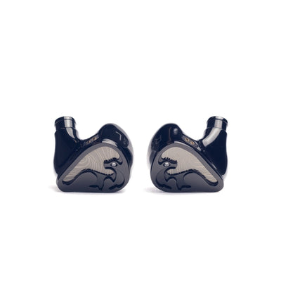 Letshuoer Mystic 8 in-ear monitors, black shells with a silver swirl faceplate, front view